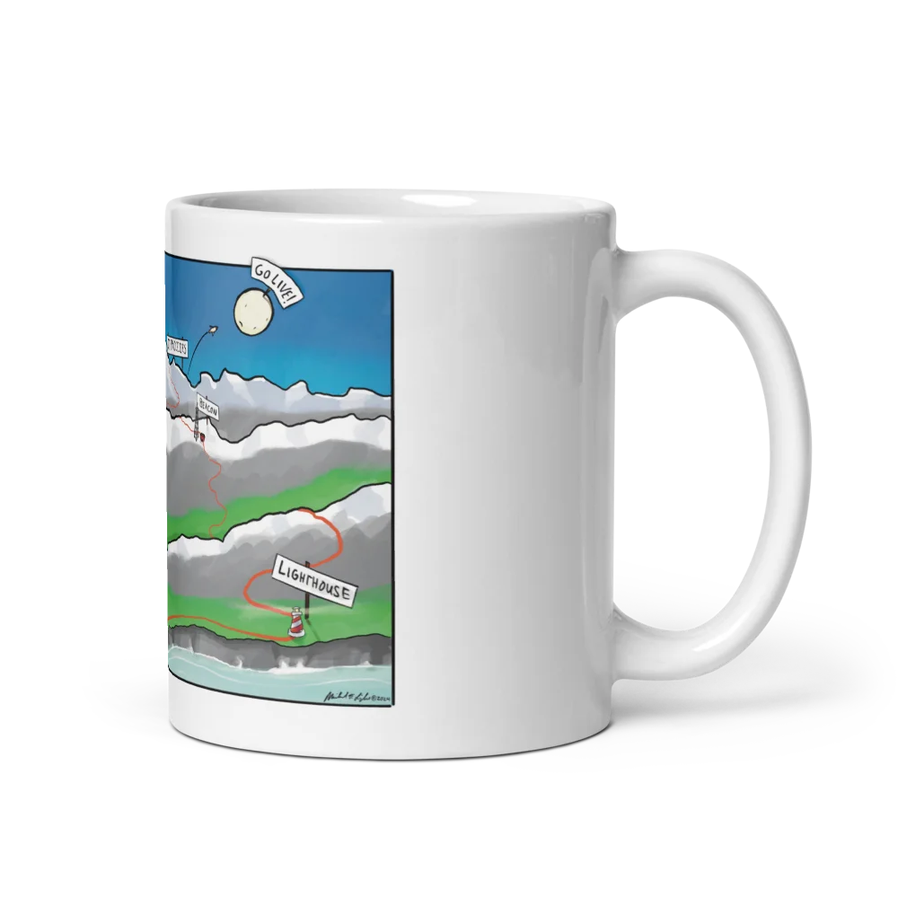Go Live! mug: a team standing at the edge of a cliff on launch day