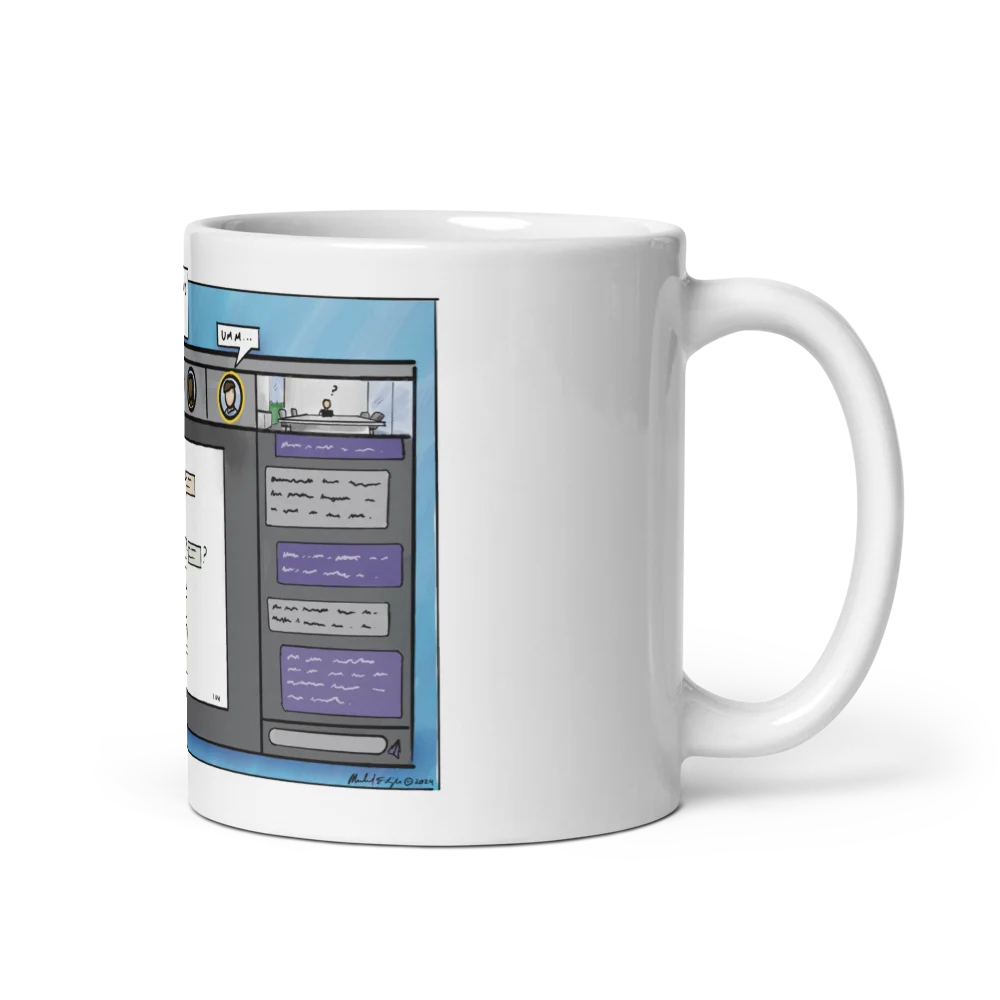 Another Re-Org mug: a new organizational chart presented on a screen to an empty room