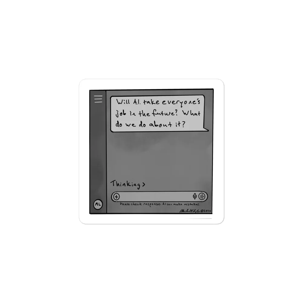 Thinking sticker: a chat window asking whether AI will take everyone's job, with the model still thinking