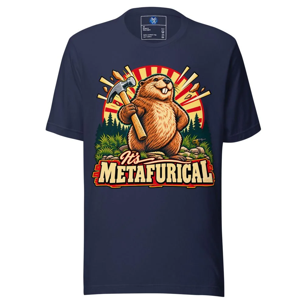 Navy unisex t-shirt with the It's Metafurical beaver design