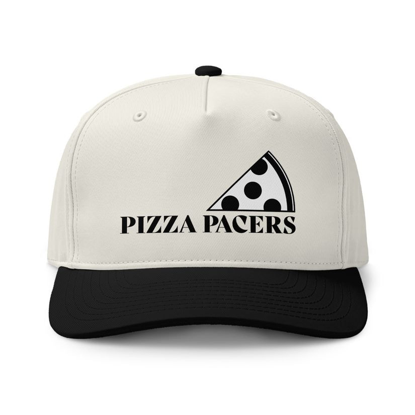 Pizza Pacers Class Two-Tone Cap, black-and-white slice logo and wordmark on a cream and black trucker cap