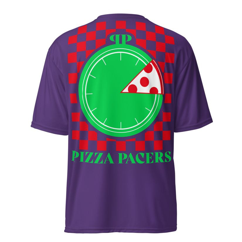 Pizza Pacers Checkered Performance Tee, full red-and-purple checkerboard stopwatch graphic on the chest