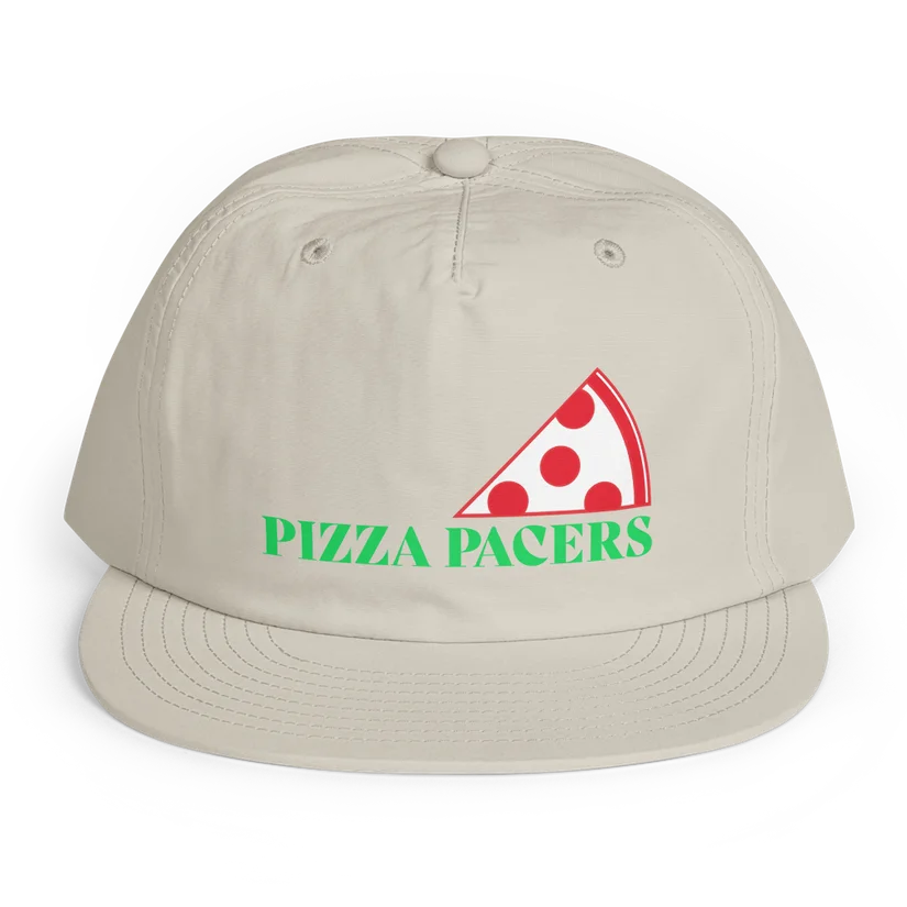 Pizza Pacers Slice Cap, pizza slice logo and wordmark on a khaki cap