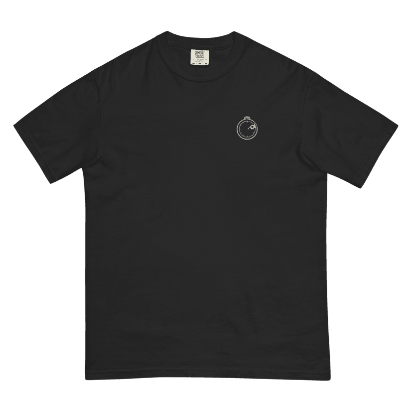Pizza Pacers Black Stopwatch t-shirt, small stopwatch mark on the chest