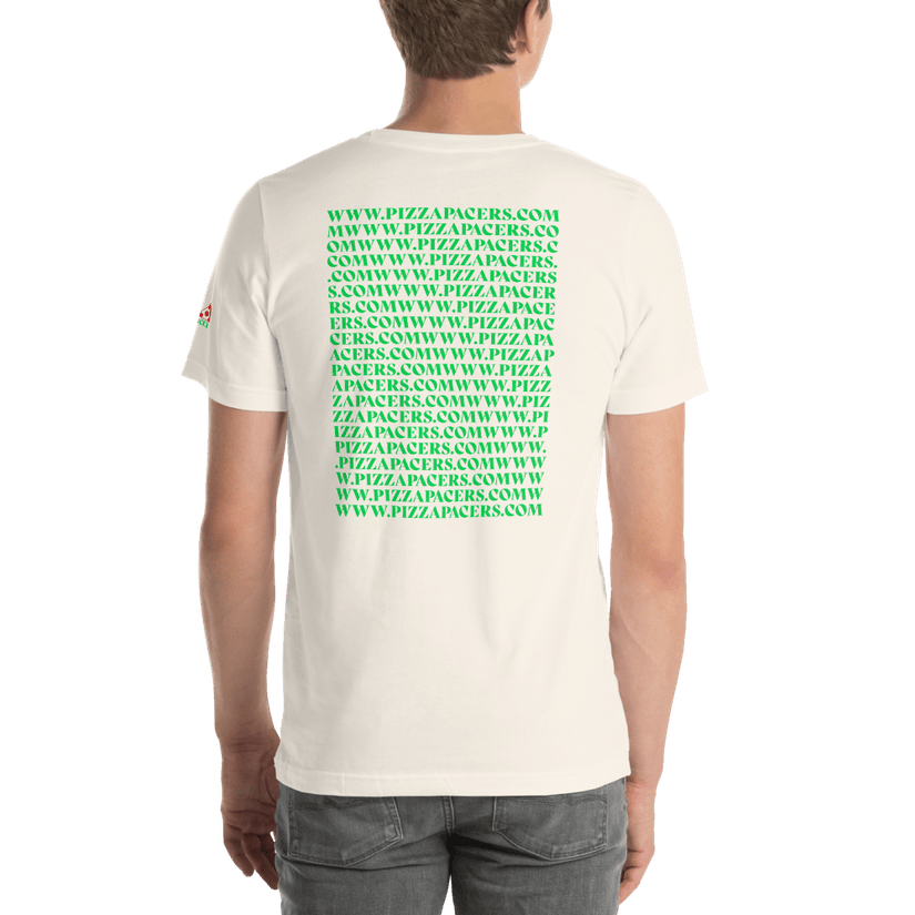 Pizza Pacers .COM t-shirt, repeated www.pizzapacers.com wordmark block across the back
