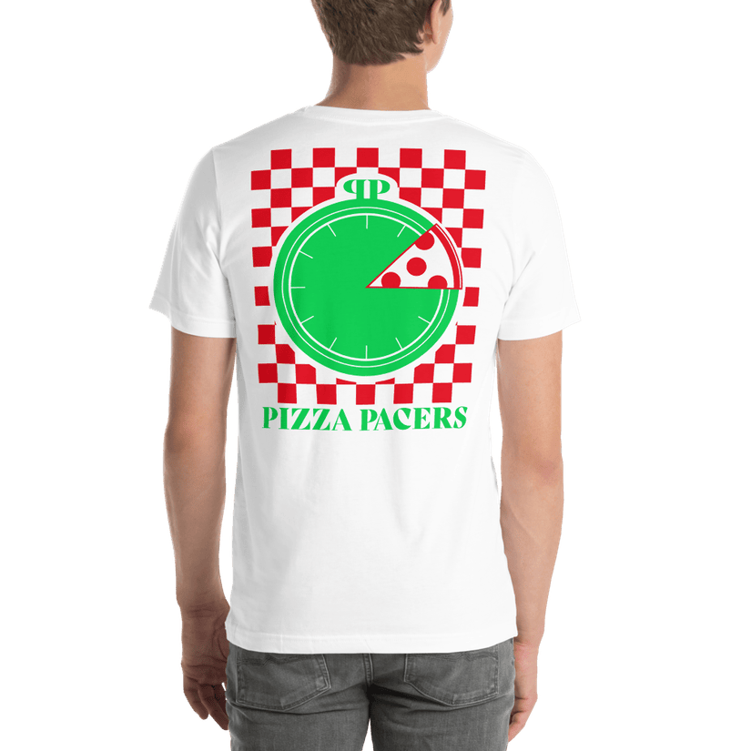 Pizza Pacers Origin t-shirt, full checkerboard stopwatch graphic across the back