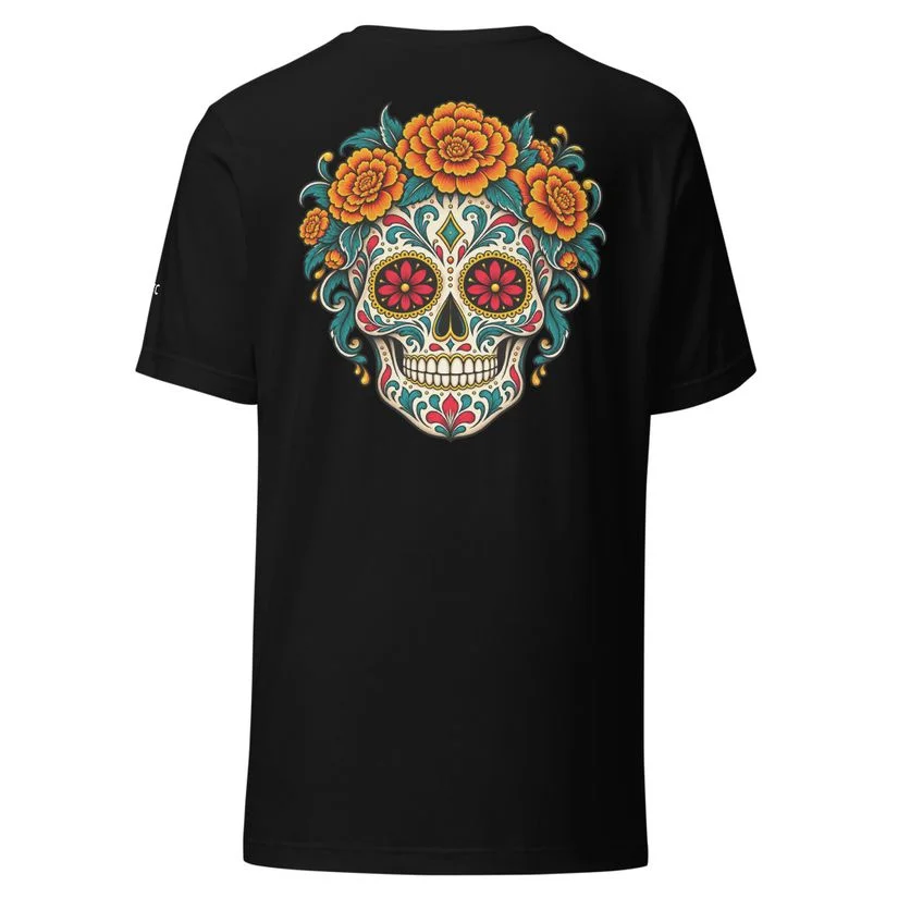 LVTC Marigold Sugar Skull - Back + Chest - Premium Soft — Back artwork on black shirt