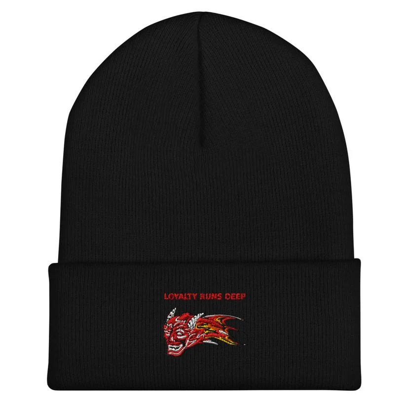 Black RDMC cuffed beanie with front design