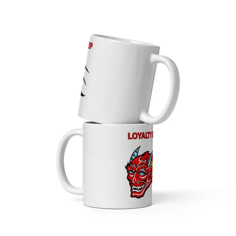 White RDMC glossy mug with devil logo