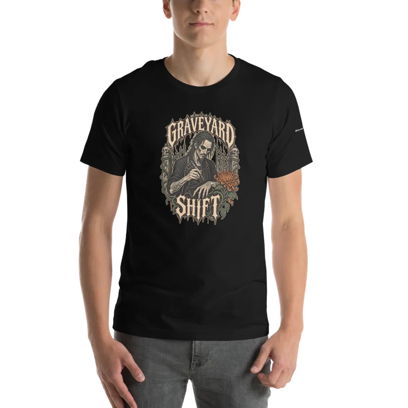 Graveyard Shift — original tattoo-inspired artwork, centered on the front of a black Bella + Canvas 3001 tee. LVTC / @lasvegastattooculture on the left sleeve.