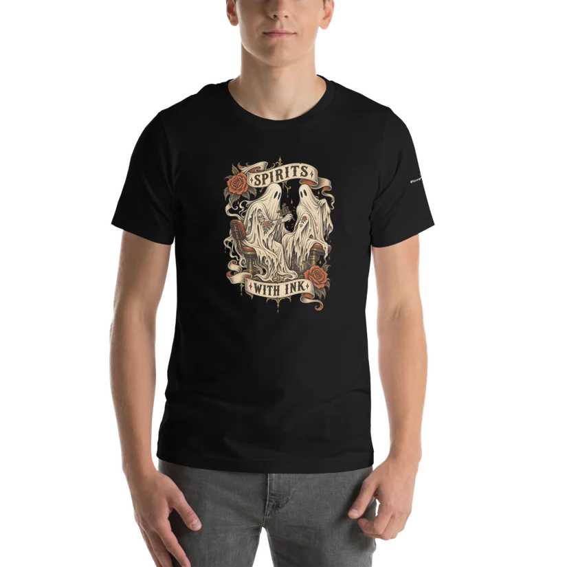 Spirits With Ink — original tattoo-inspired artwork, centered on the front of a black Bella + Canvas 3001 tee. LVTC / @lasvegastattooculture on the left sleeve.