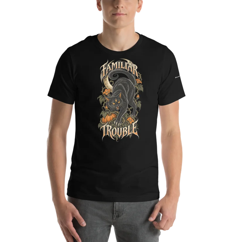 Familiar Trouble — original tattoo-inspired artwork, centered on the front of a black Bella + Canvas 3001 tee. LVTC / @lasvegastattooculture on the left sleeve.