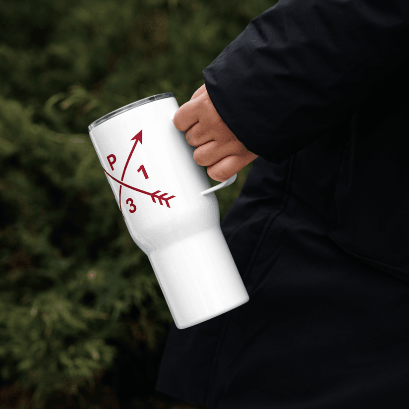 Stainless steel travel mug with handle — Pack 131 merchandise preview